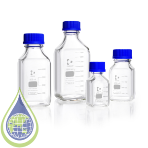 DURAN® GL 32 Laboratory glass bottle, square, clear, with screw cap and pouring ring (PP), 100 ml